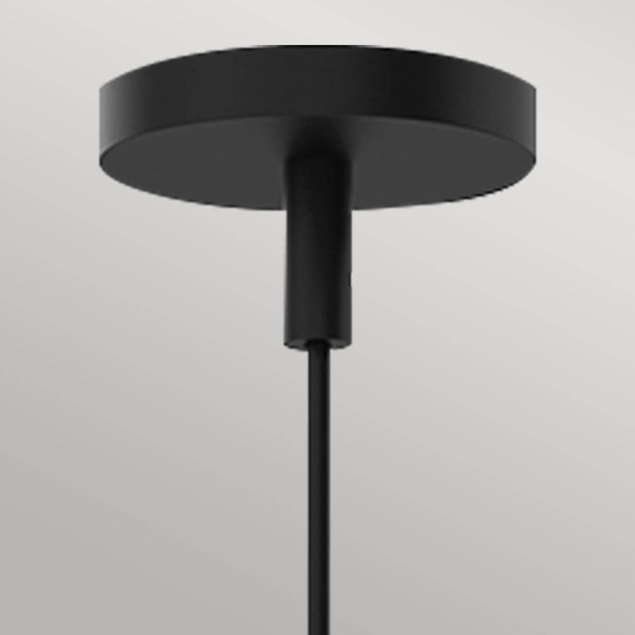 Détail de la rosace noire fixée au plafond et du câble de suspension.