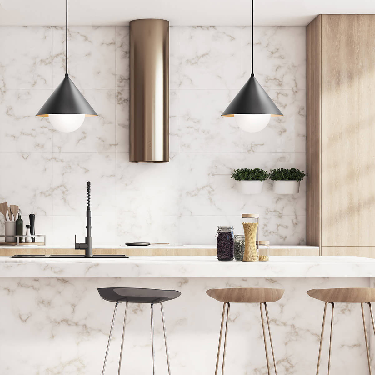 Mise en ambiance dans une cuisine moderne avec deux suspensions au-dessus de l'îlot central.