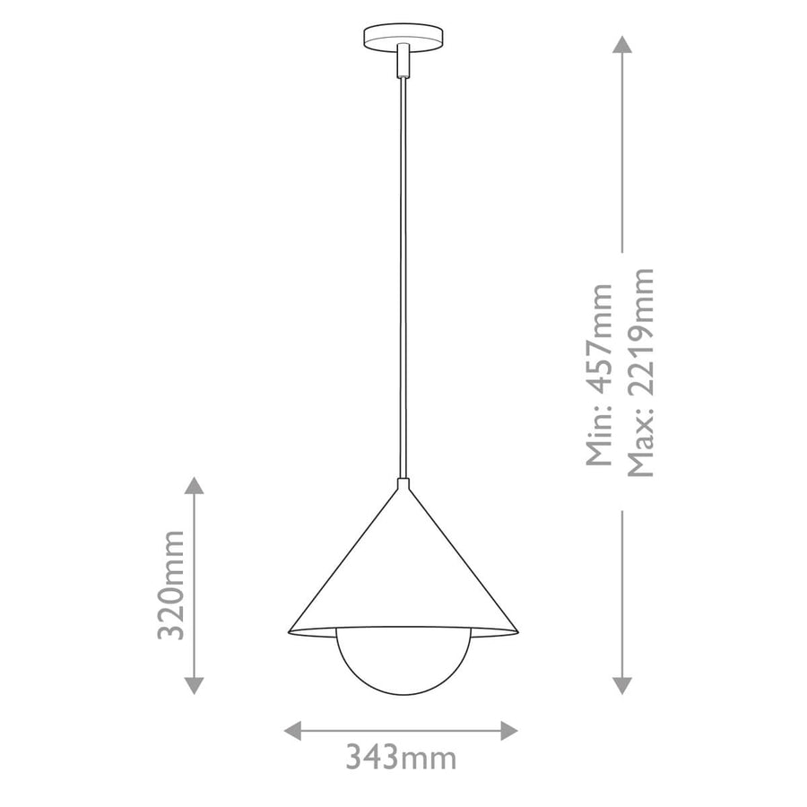 Schéma technique coté avec hauteur minimale, maximale et diamètre de l'abat-jour.
