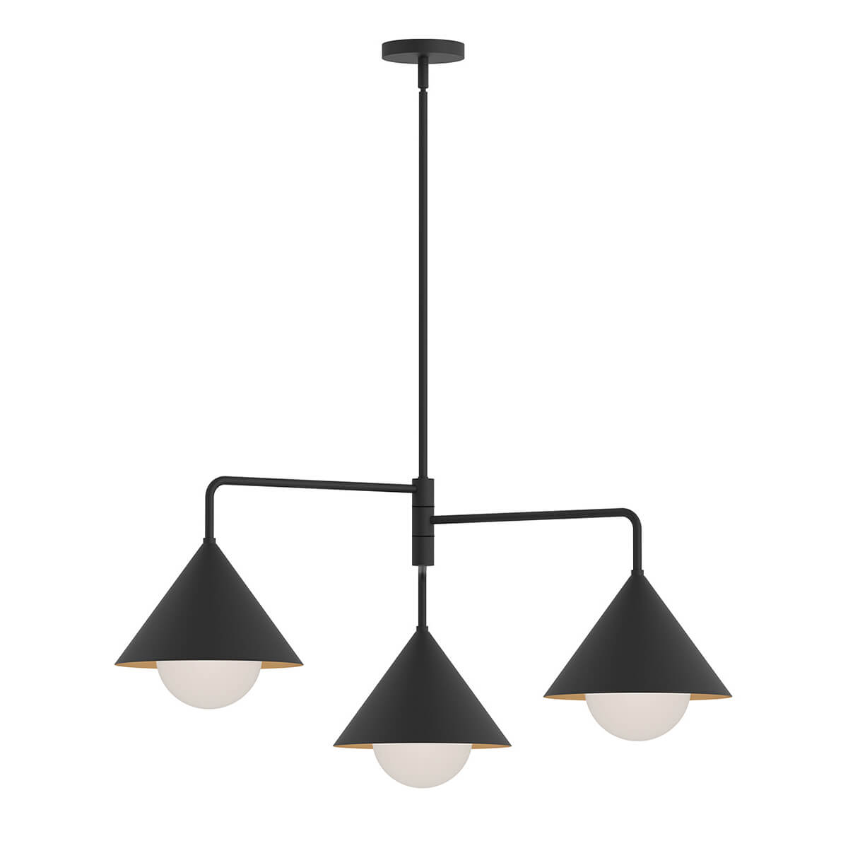 Vue de face du luminaire suspendu avec trois abat-jours coniques noirs et diffuseurs en verre.