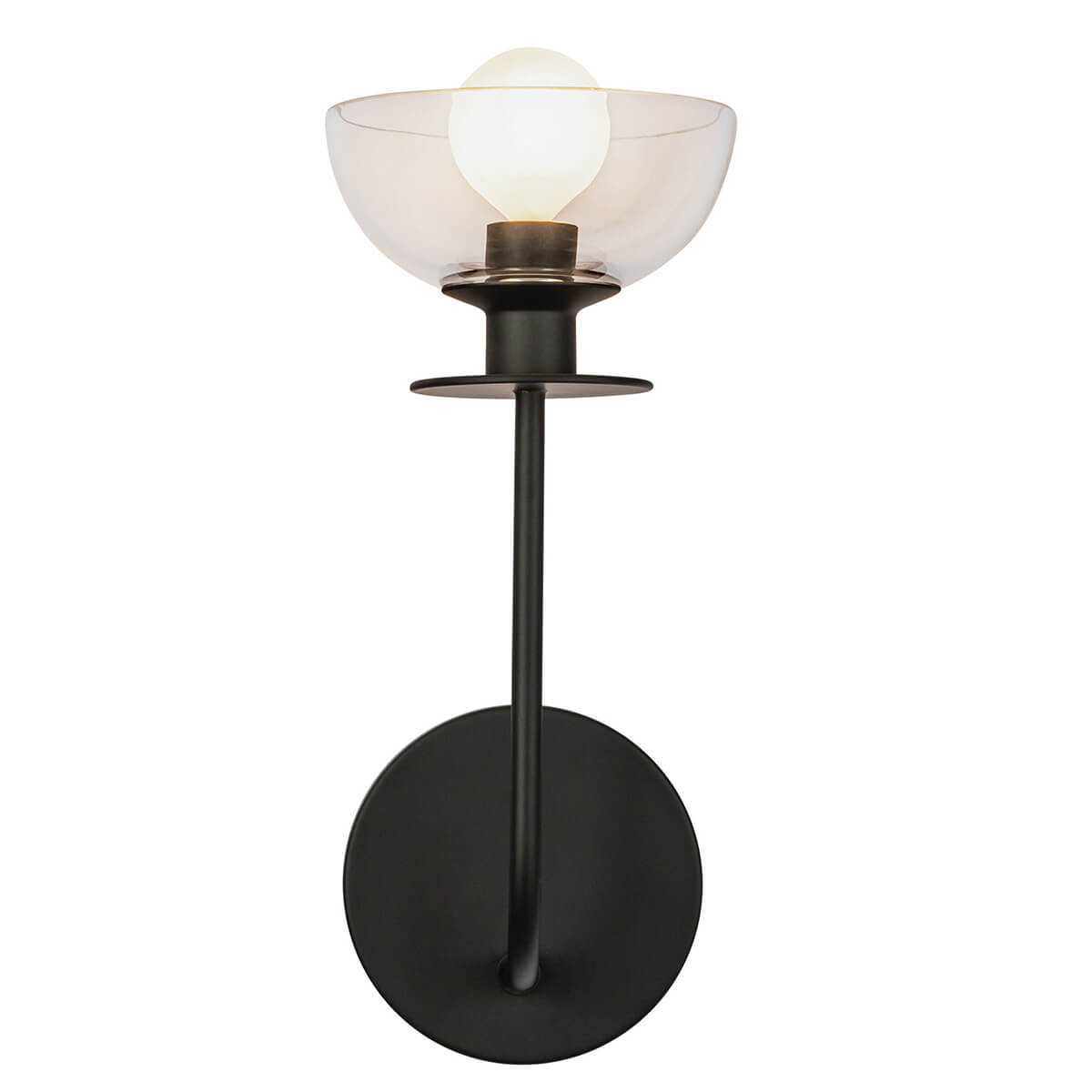 Applique murale noire mate, coupe en verre transparent et ampoule allumée, vue de face