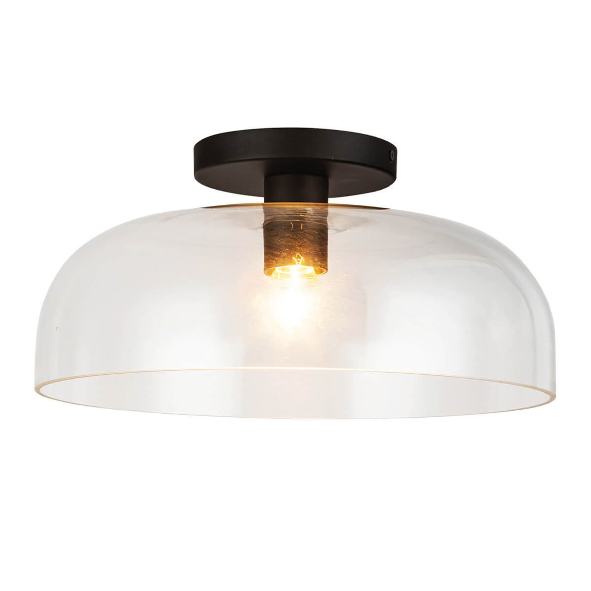 Plafonnier en verre transparent et métal noir mat, vue de face sur fond blanc