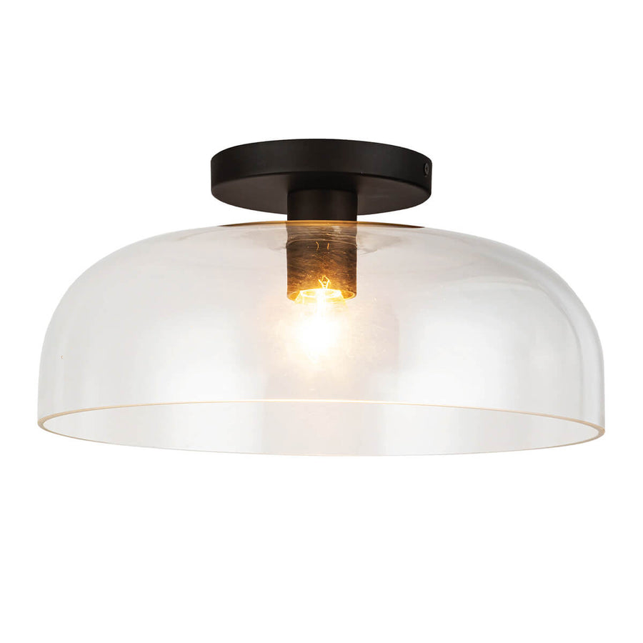 Plafonnier en verre transparent et métal noir mat, vue de face sur fond blanc