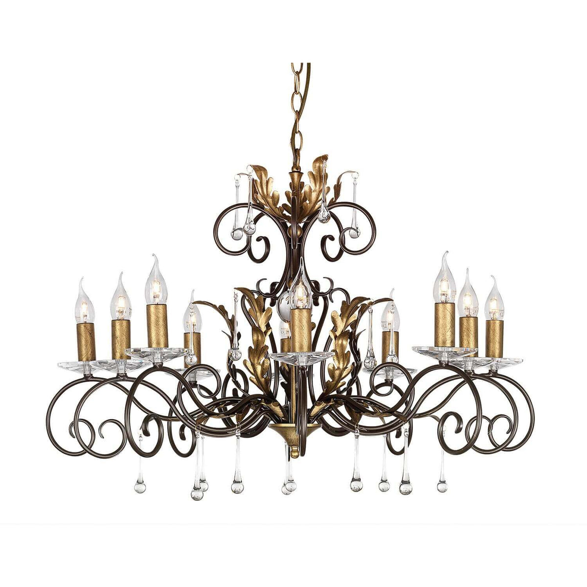 Lustre dix lumières en métal bronze foncé et orné de feuilles dorées, vue de face