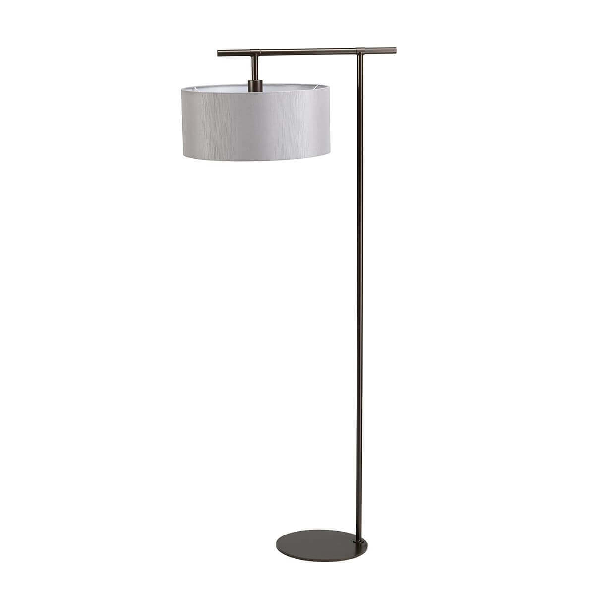 Lampadaire entier vu de face, abat-jour cylindrique clair et tige marron foncé