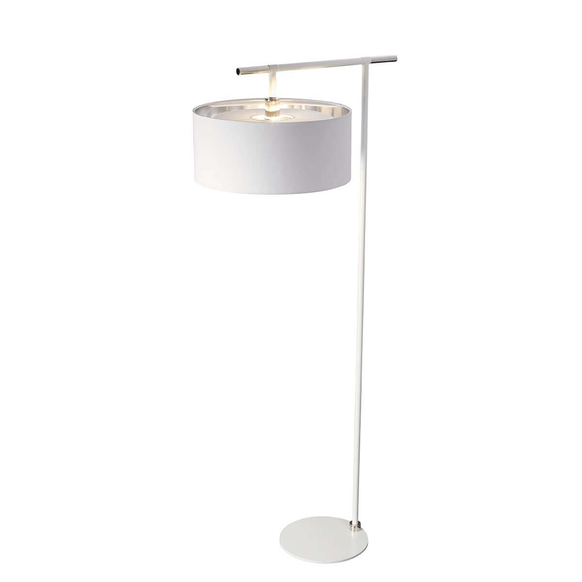 Lampadaire design avec abat-jour cylindrique blanc et structure en nickel poli.