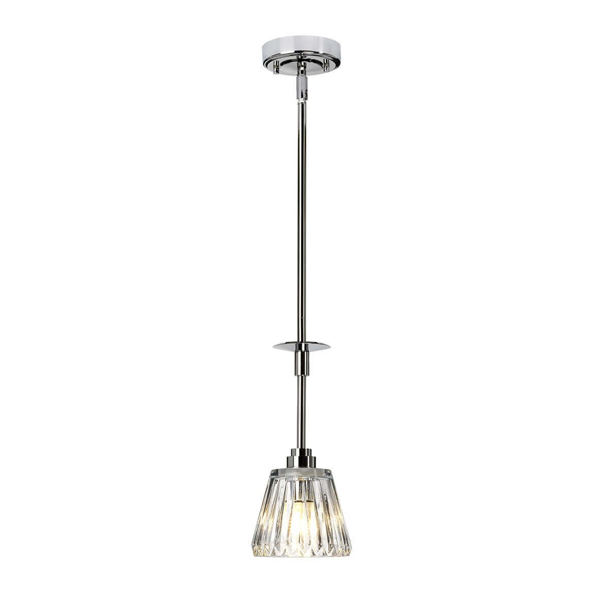 Suspension chromée entière avec tige centrale et abat-jour en verre strié transparent