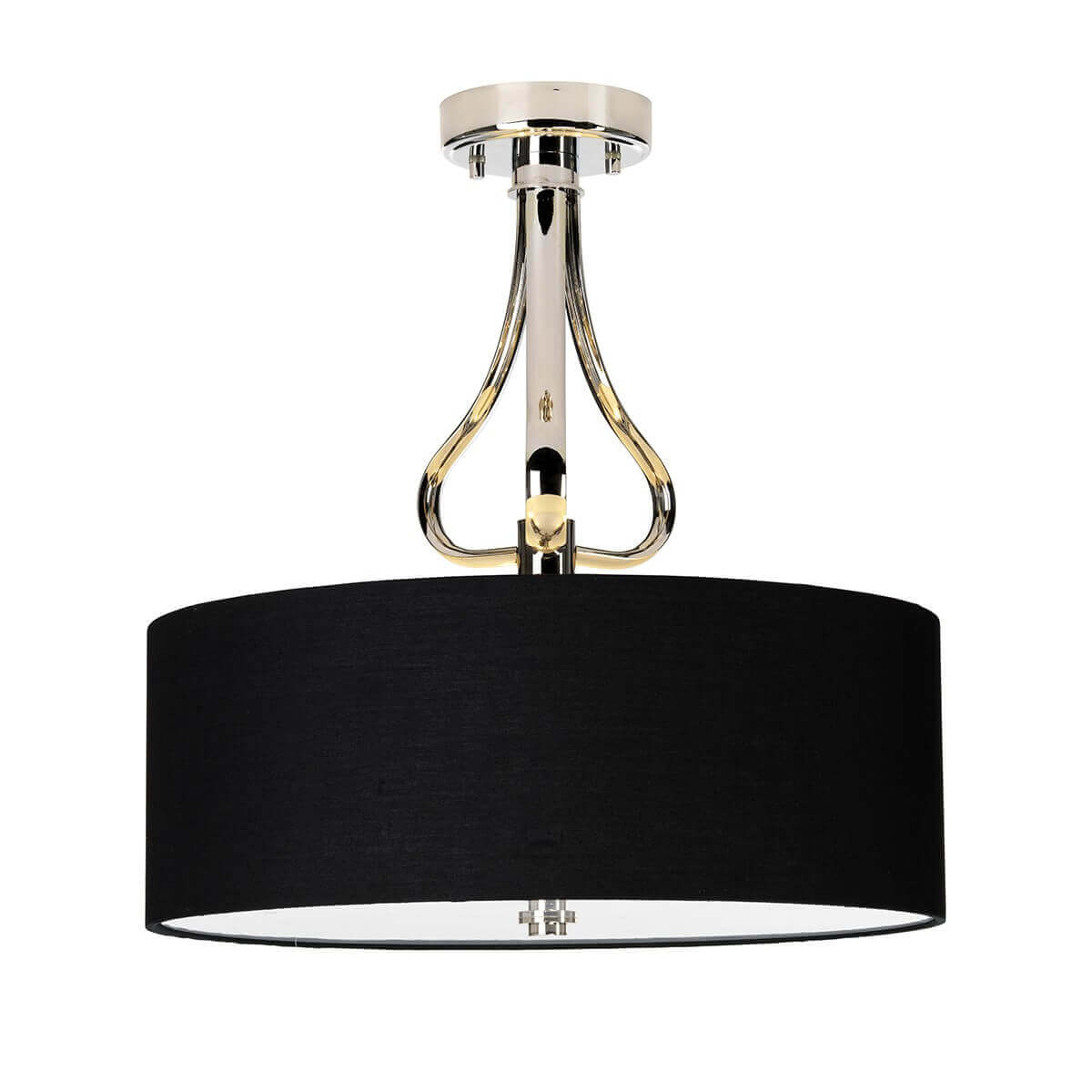 Plafonnier complet vu de face, abat-jour cylindrique noir et structure chromée brillante