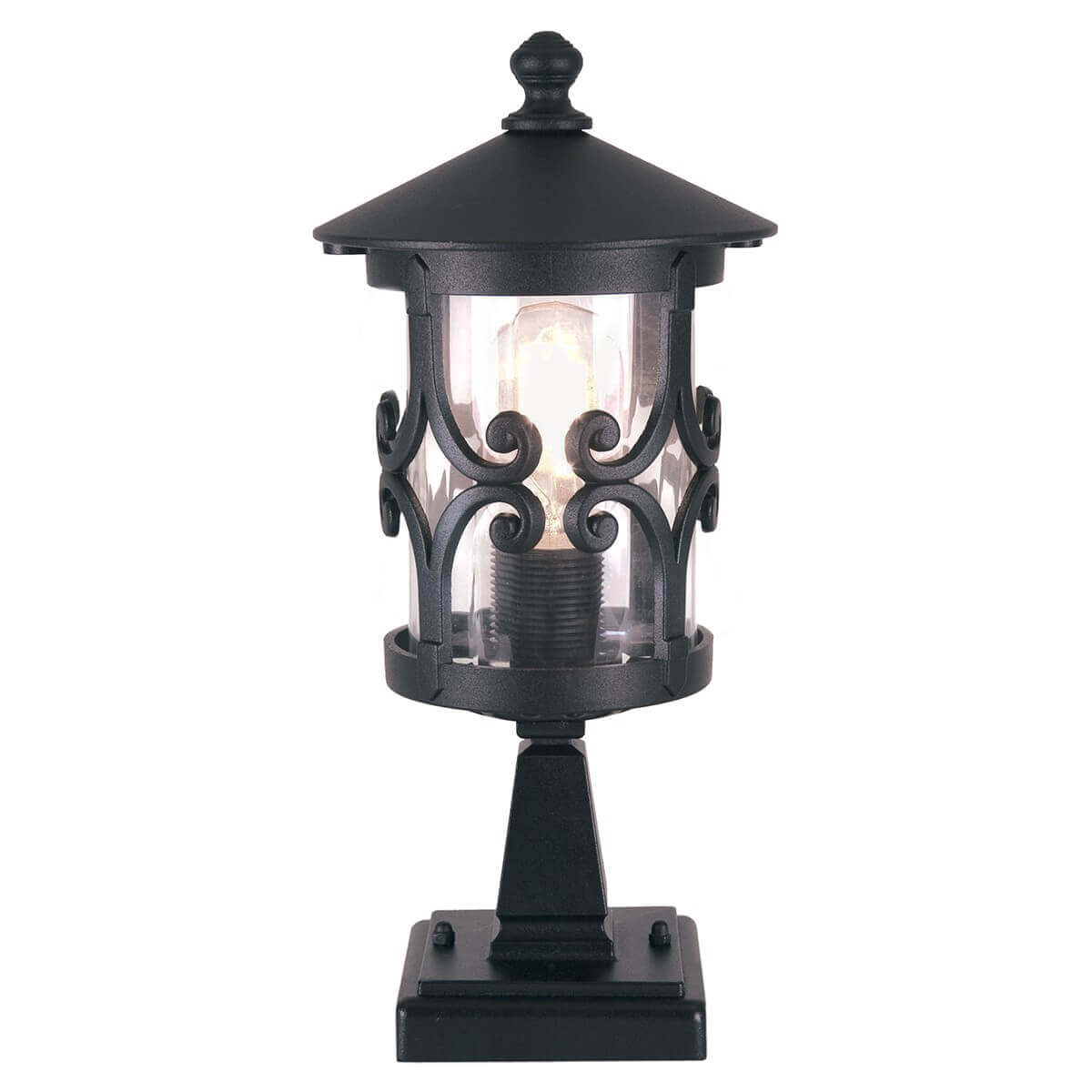 Lampadaire extérieur noir de face, verre bombé, ampoule Edison allumée à l'intérieur
