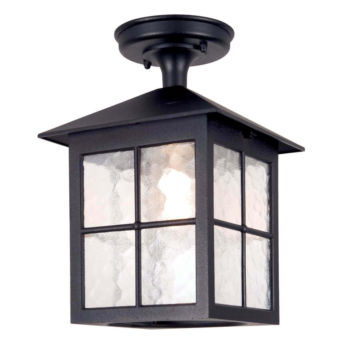 Plafonnier extérieur noir de face, lanterne carrée à verre martelé et toit pyramidal