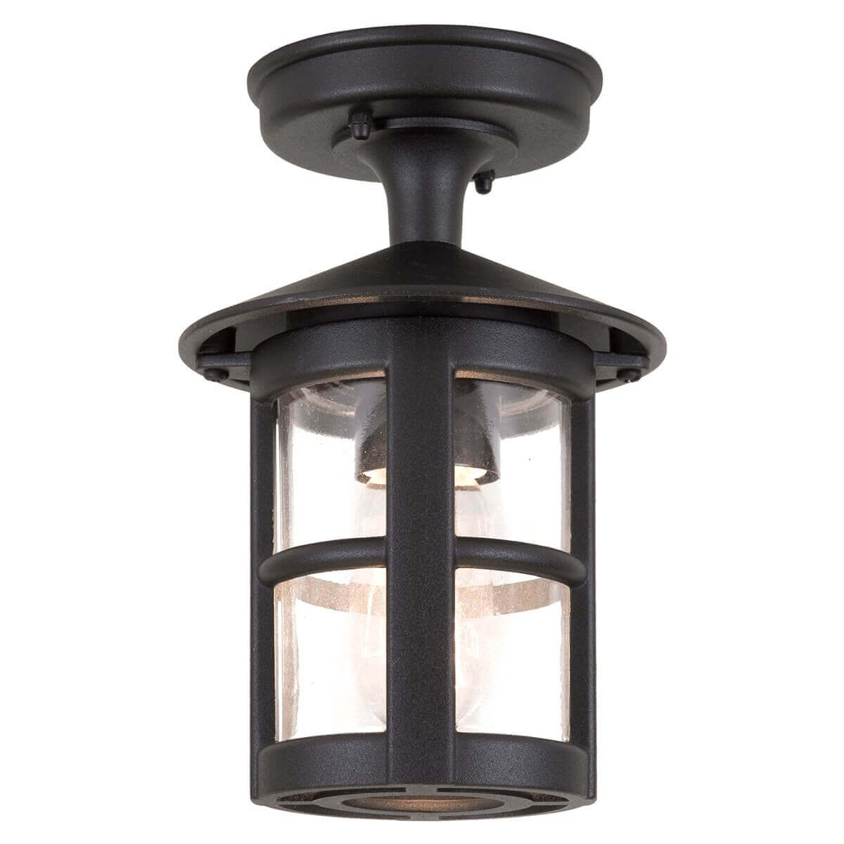 Plafonnier extérieur noir à lanterne cylindrique et verre transparent vu de face