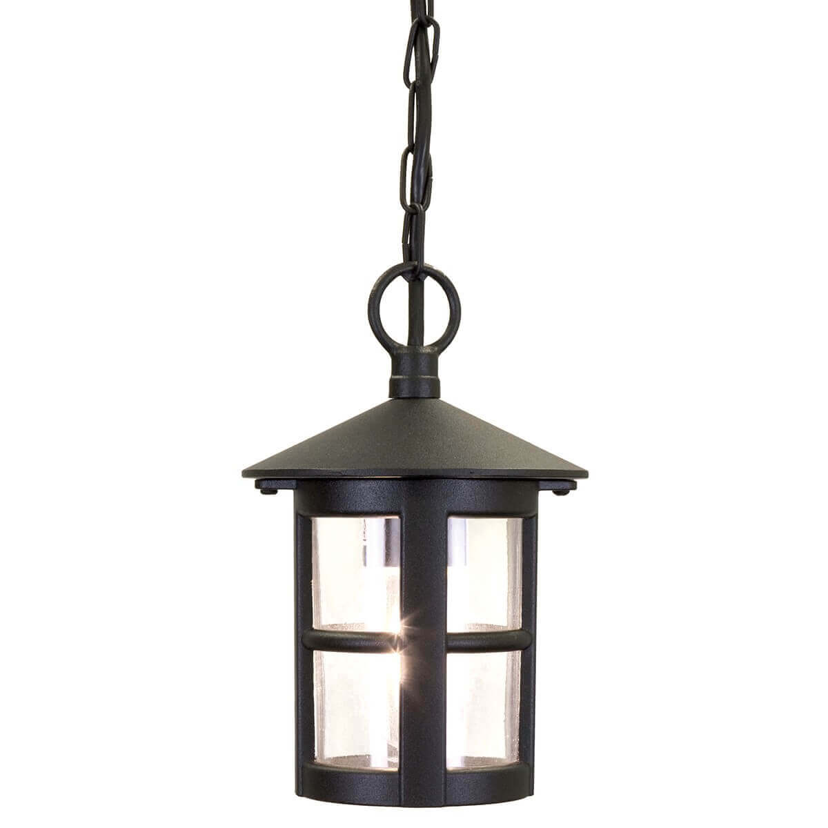 Suspension lanterne noire vue de face sur fond blanc, verre transparent