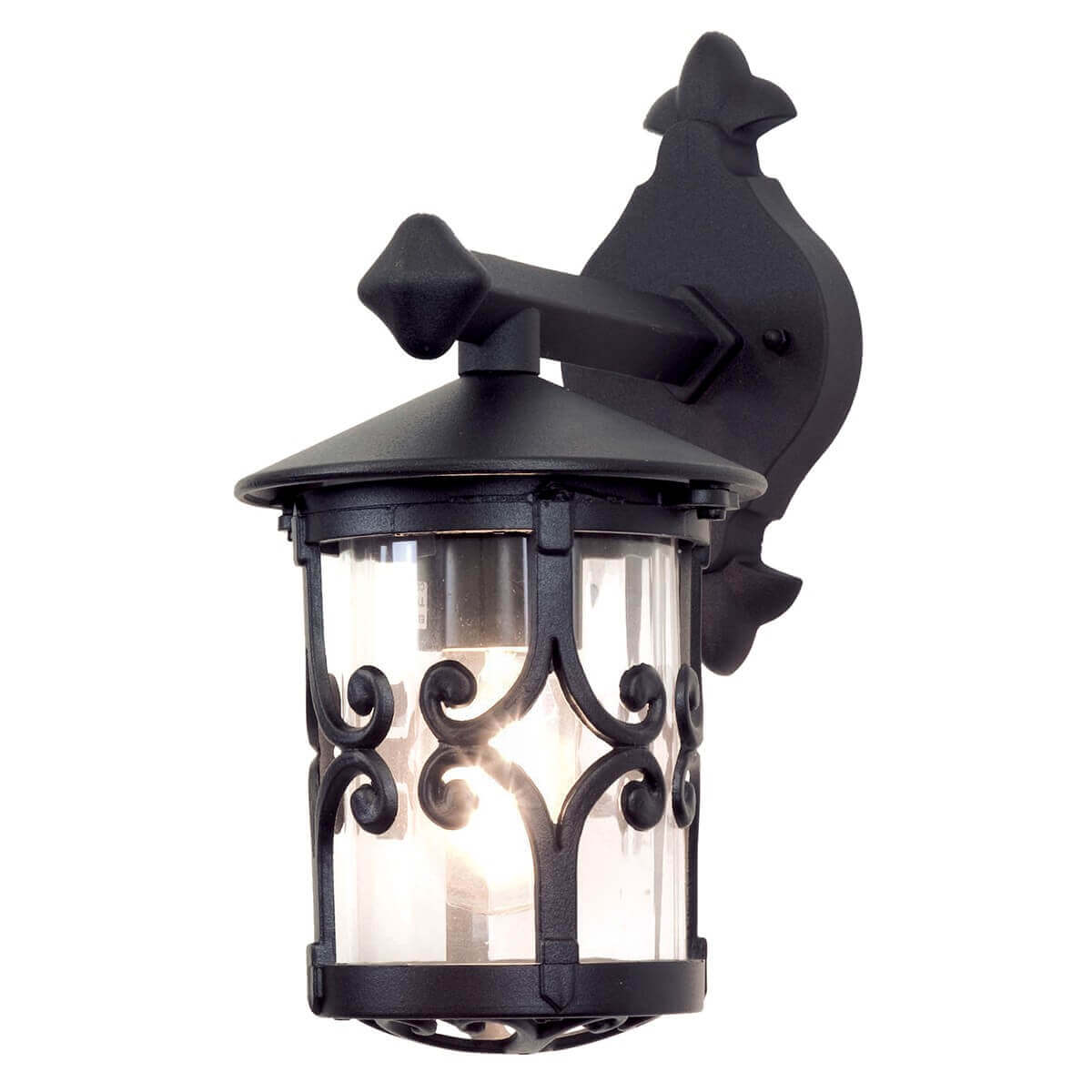 Applique murale extérieure noire de face, lanterne cylindrique en verre et fer forgé