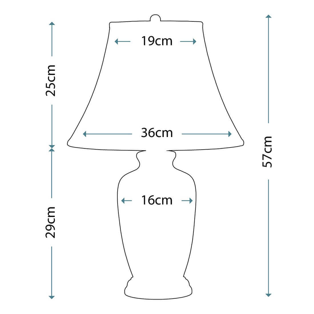 Schéma coté : hauteur totale 57 cm, abat-jour 25 cm, base 29 cm.
