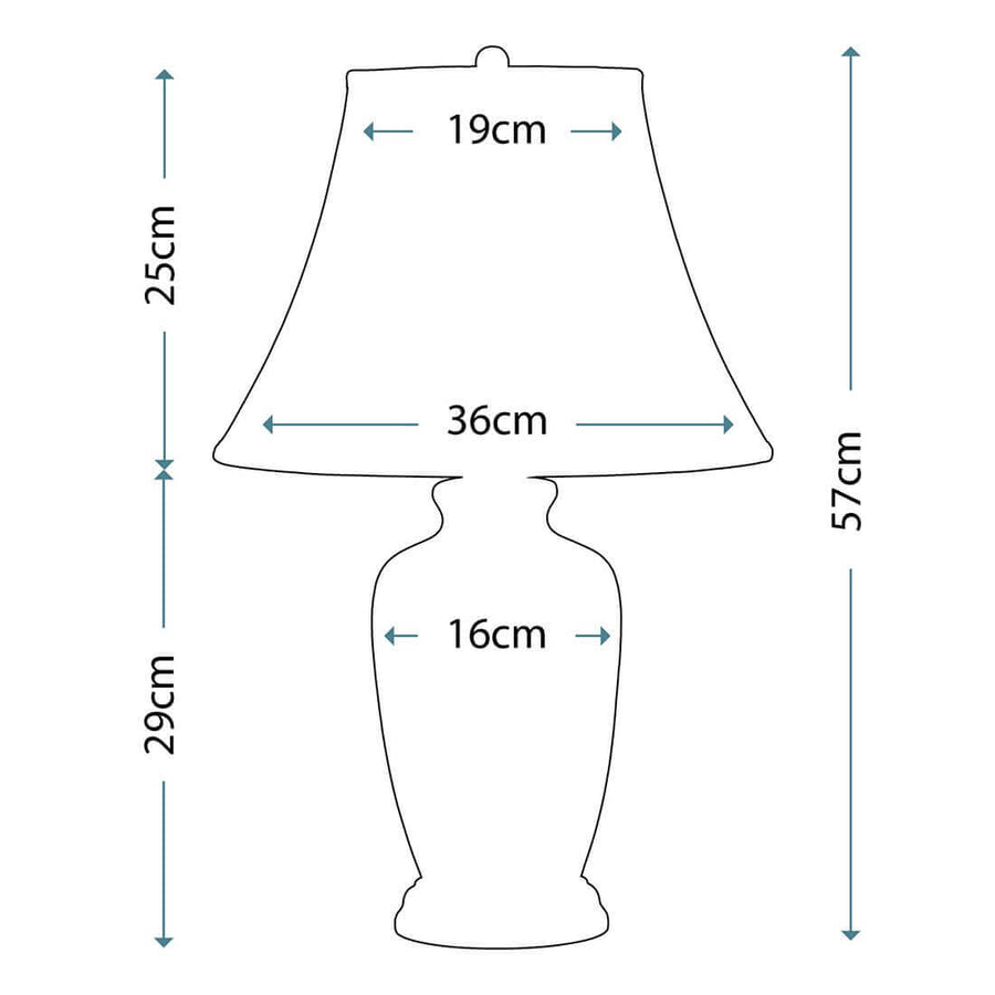 Schéma coté : hauteur totale 57 cm, abat-jour 25 cm, base 29 cm.