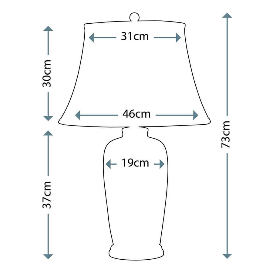 Schéma technique coté indiquant les dimensions de l'abat-jour et du pied.