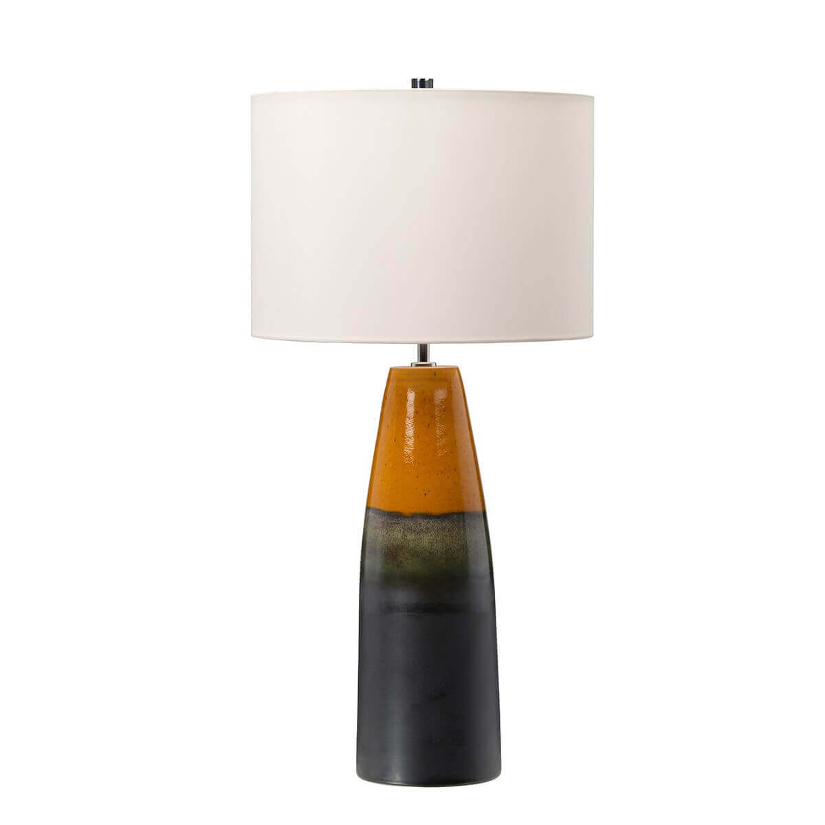 Vue entière du luminaire, abat-jour ivoire et pied en céramique vernissée bicolore.
