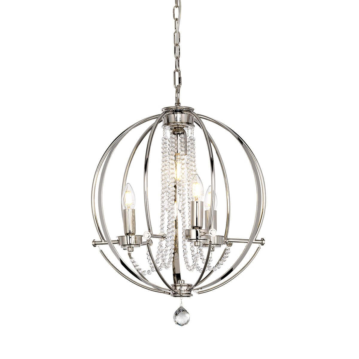 Lustre sphérique suspendu vu de face, structure nickel et perles de cristal centrales