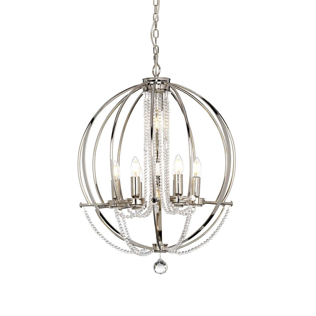 Lustre suspendu à cage sphérique en métal nickel avec perles de cristal, vue de face