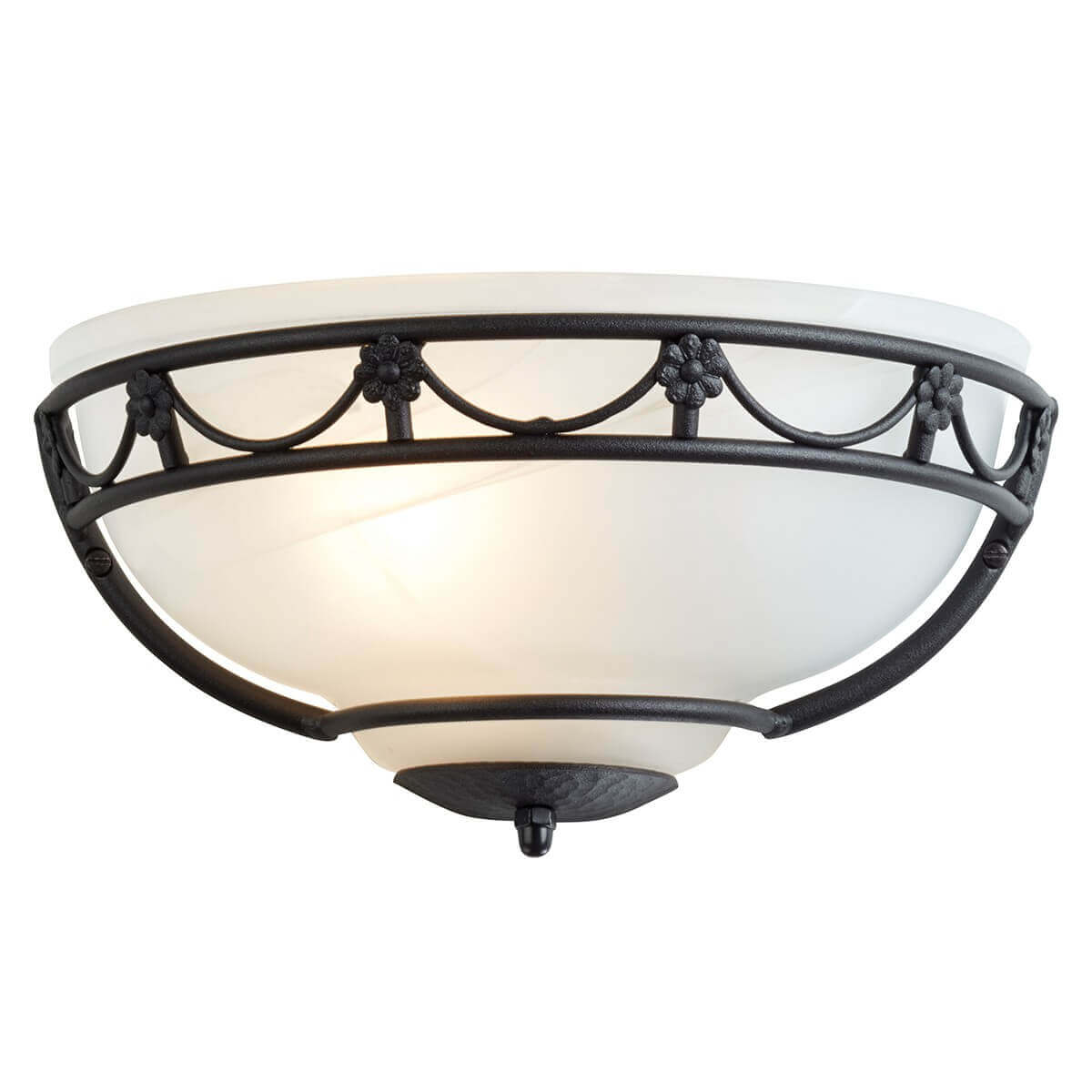 Luminaire en métal noir et verre opalin bombé, vue de face sur fond blanc