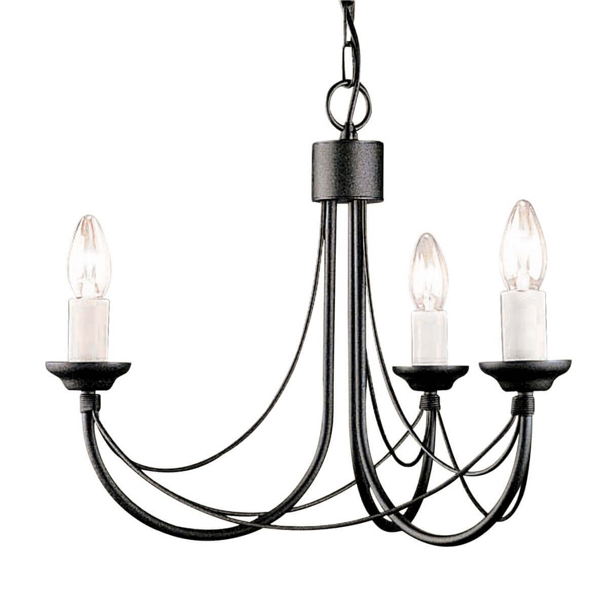 Lustre noir à trois bras courbés vu de face sur fond blanc, ampoules allumées