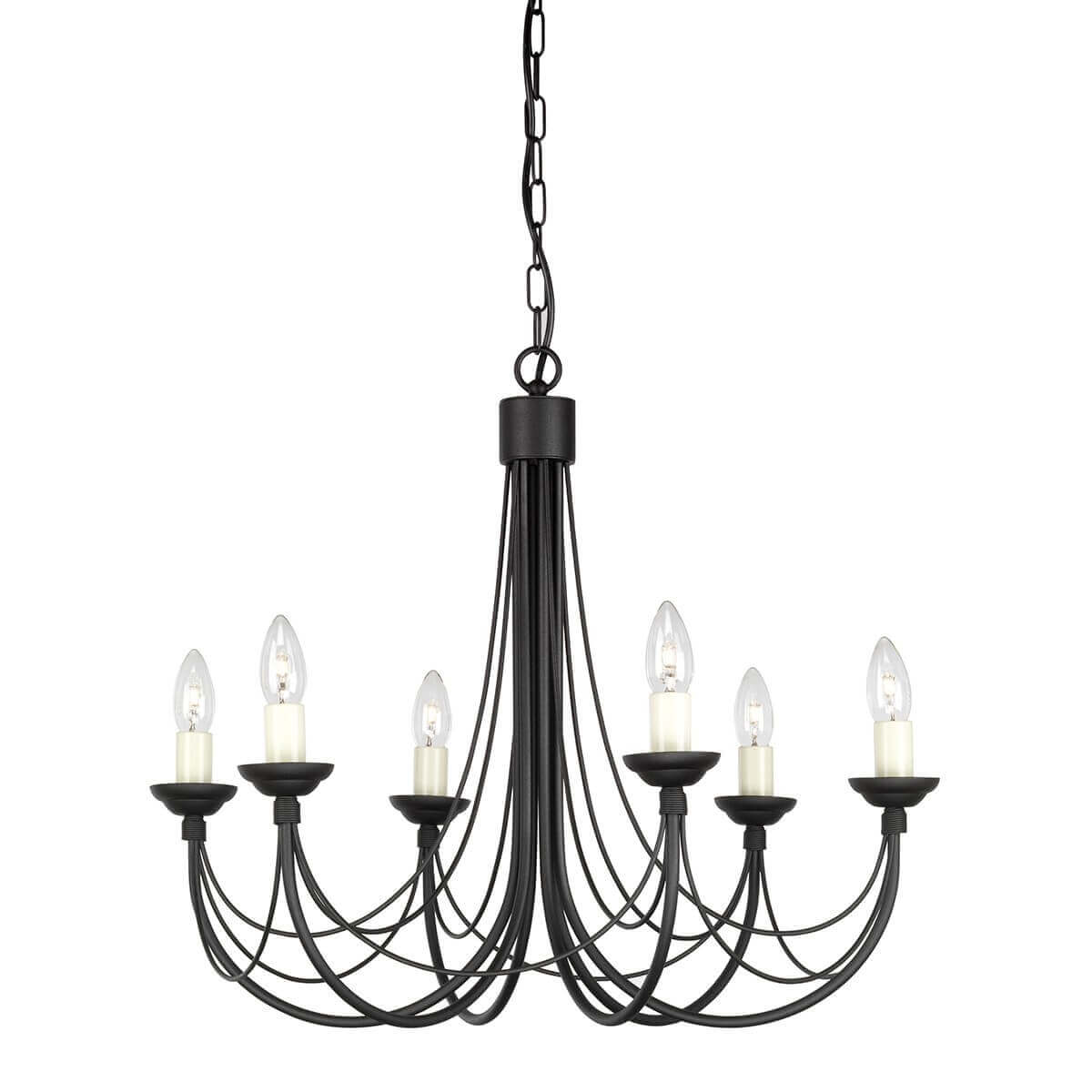 Lustre noir à six lumières suspendu, vue de face sur fond blanc