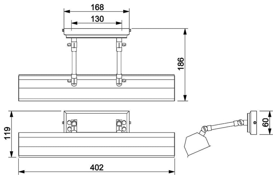 Schéma technique coté de l'applique murale avec dimensions en millimètres.