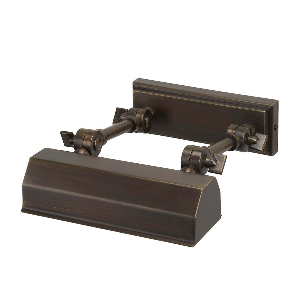 Vue de trois quarts du luminaire mural en bronze avec bras orientables et cache rectangulaire.