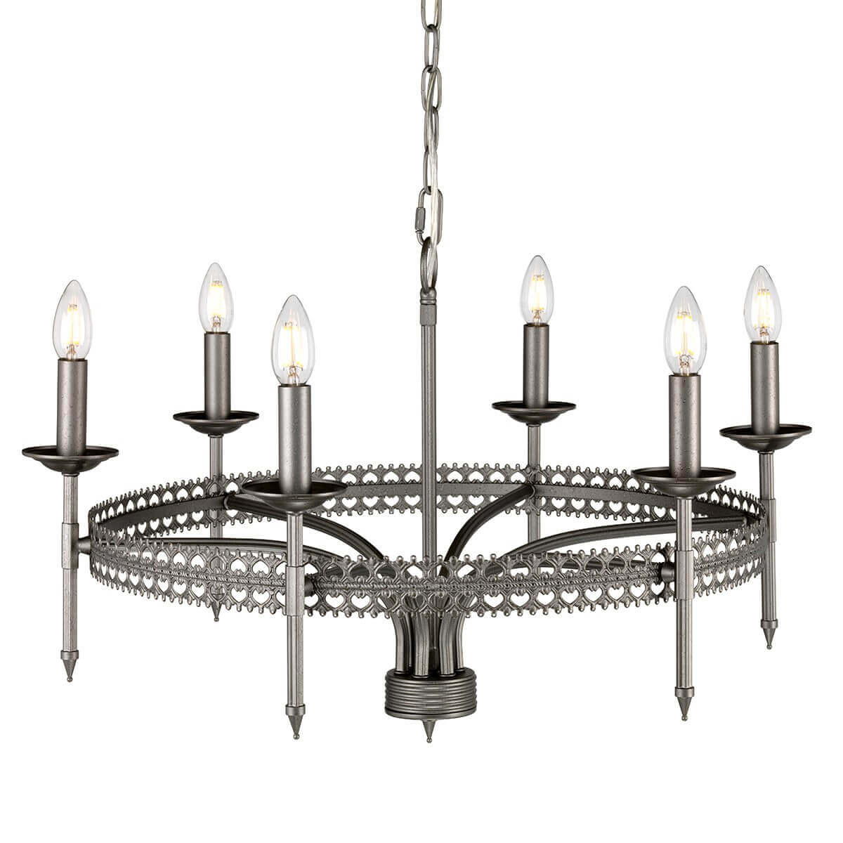 Lustre gris à six lumières, vue de face, chaîne et ampoules visibles.