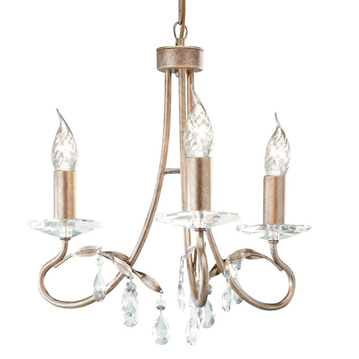 Lustre trois lumières vu de face, finition argentée et dorée avec pampilles en cristal.