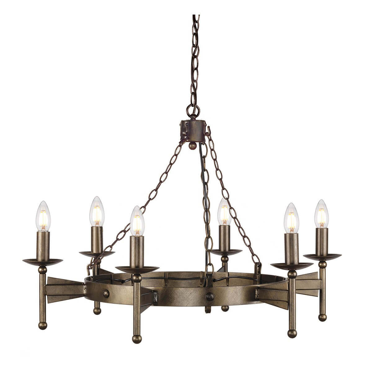 Lustre bronze à six lumières suspendu par une chaîne, vue de face sur fond blanc.