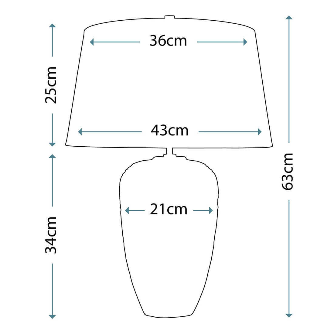 Schéma technique coté avec dimensions de l'abat-jour et du pied.