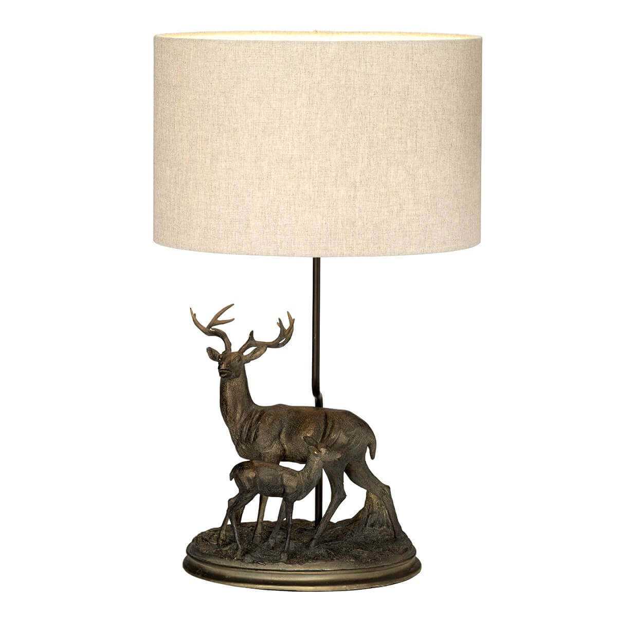 Lampe à poser en bronze avec sculpture de cerf et abat-jour cylindrique en lin beige