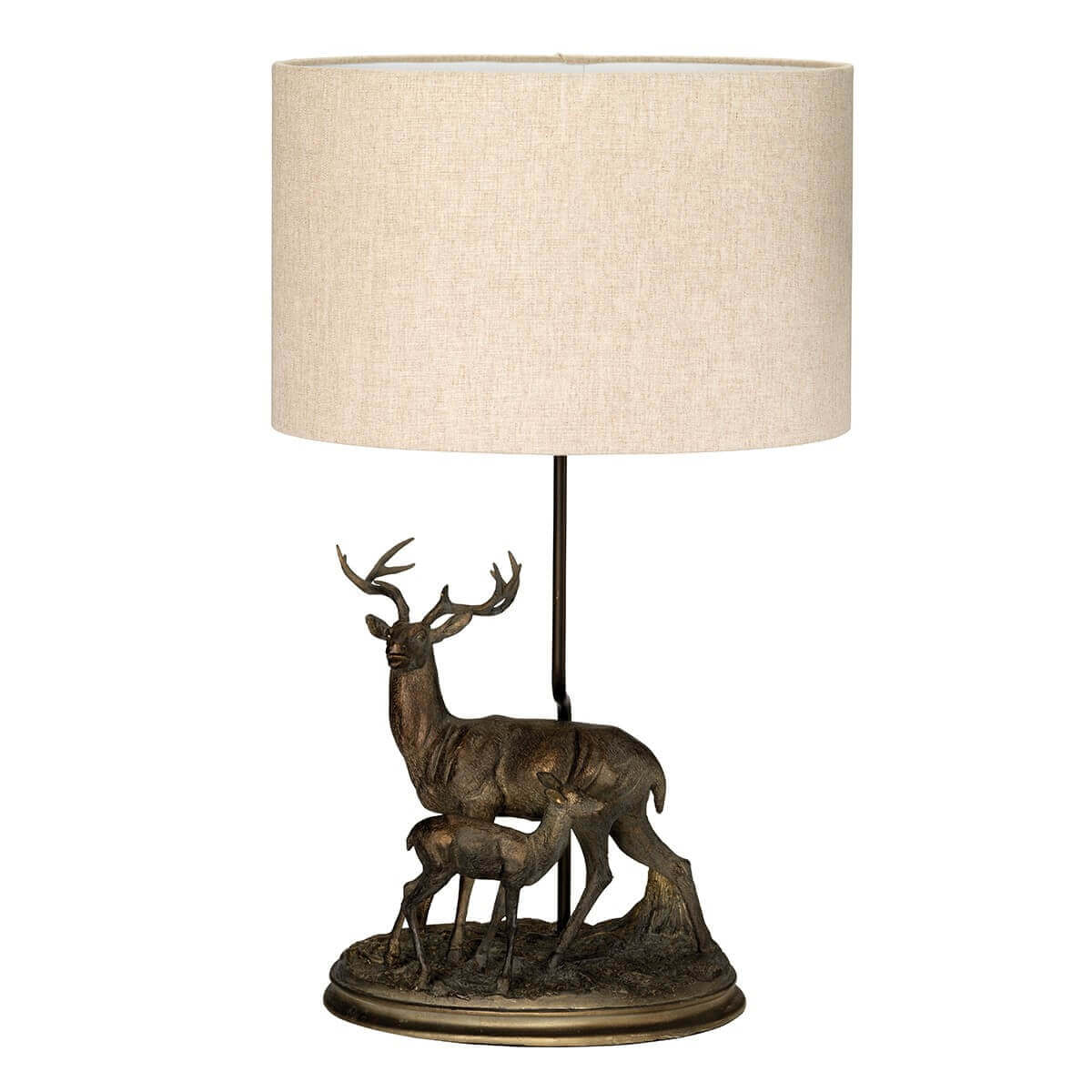 Vue rapprochée du pied sculpté montrant un cerf et son faon sur socle