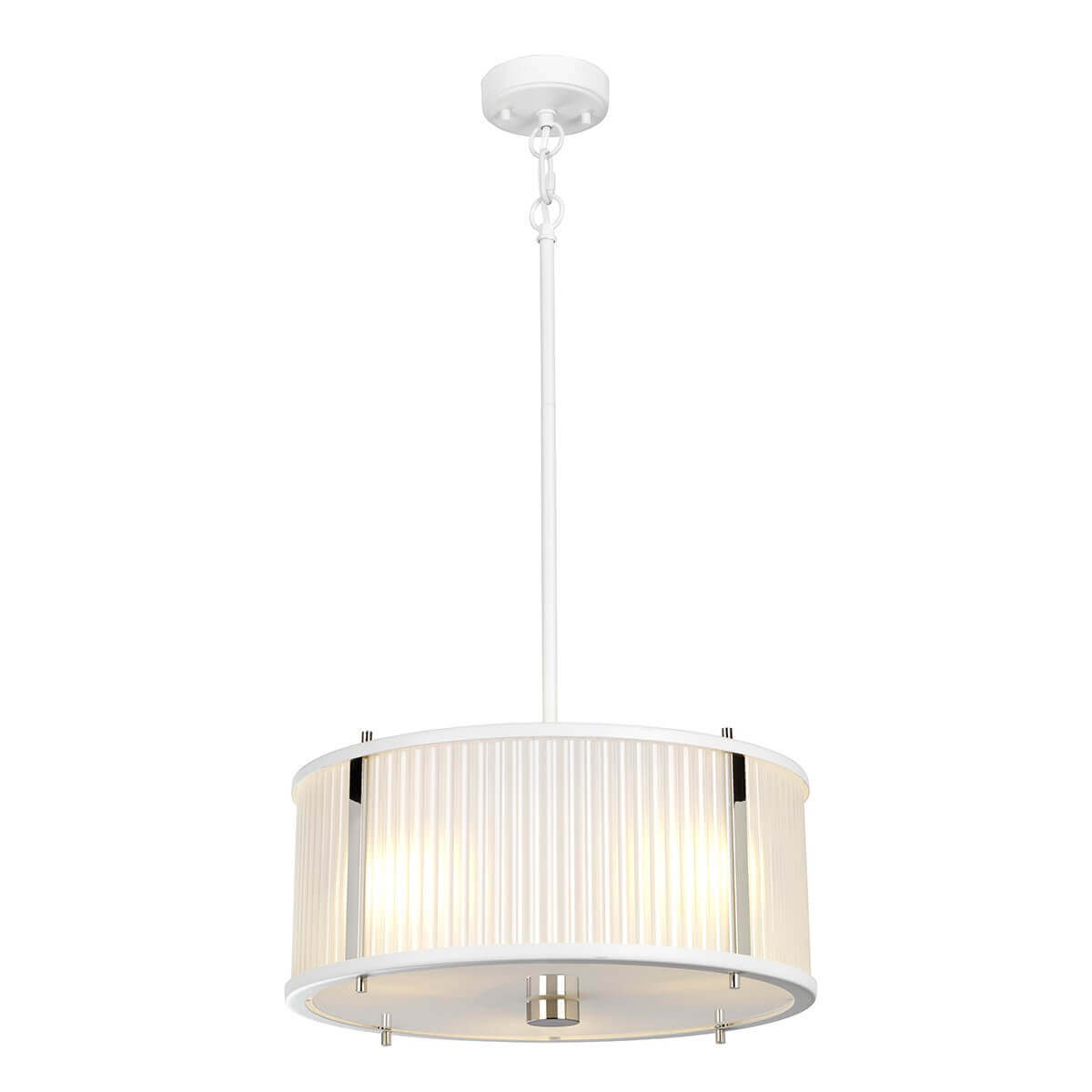 Suspension blanche à abat-jour cylindrique en verre strié, vue de face sur fond neutre