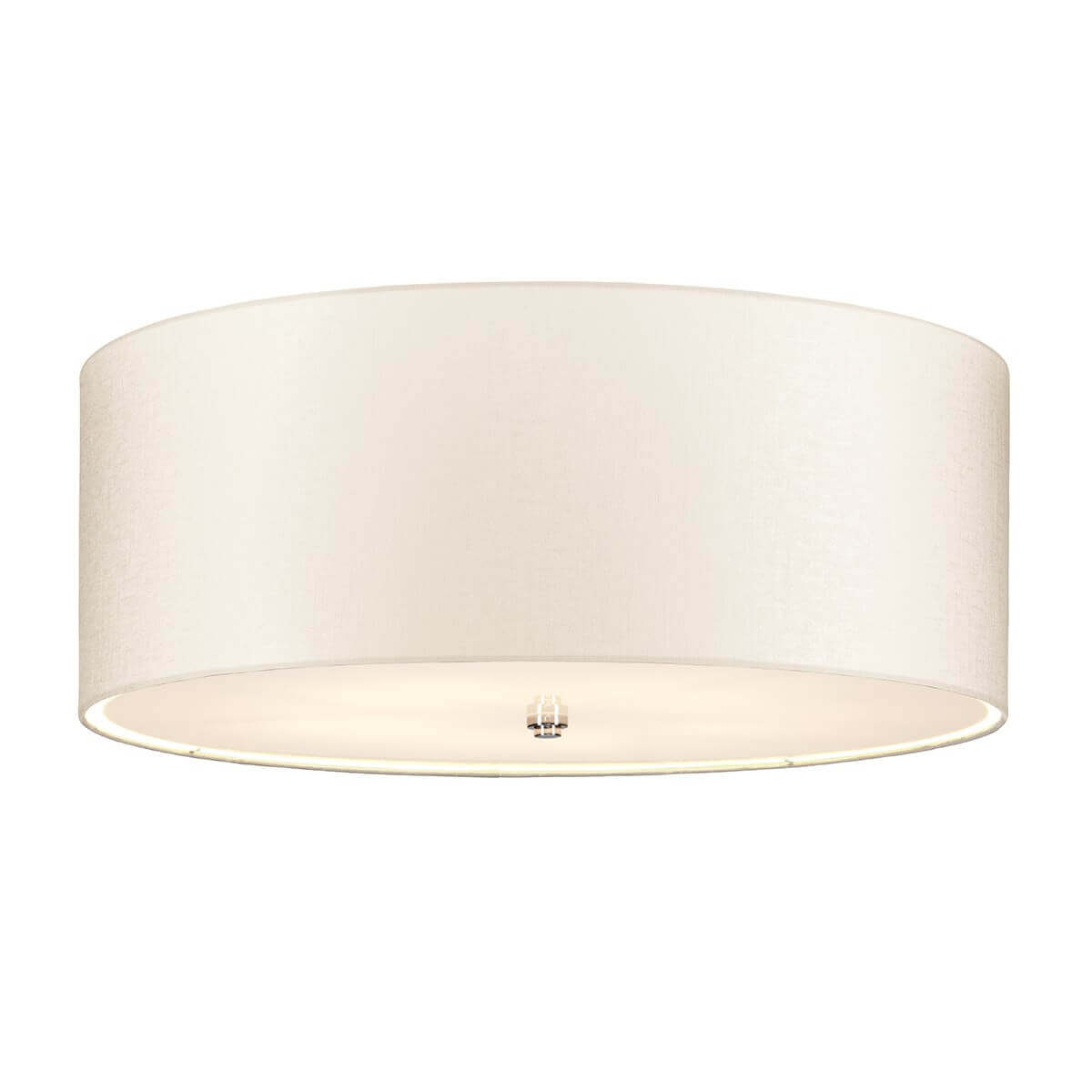 Plafonnier cylindrique vu de face, abat-jour crème et diffuseur inférieur blanc