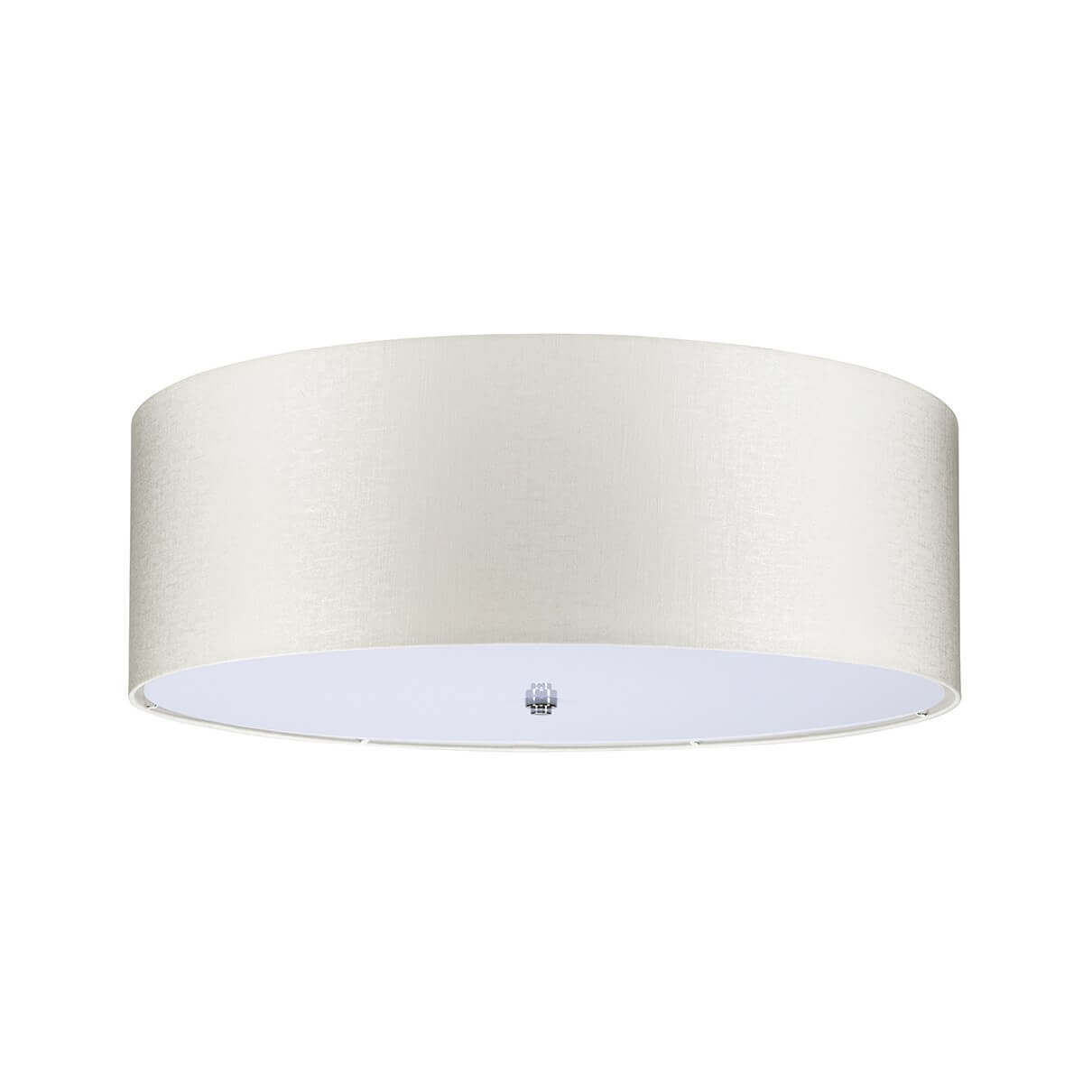 Vue de face du plafonnier, abat-jour crème et diffuseur inférieur blanc
