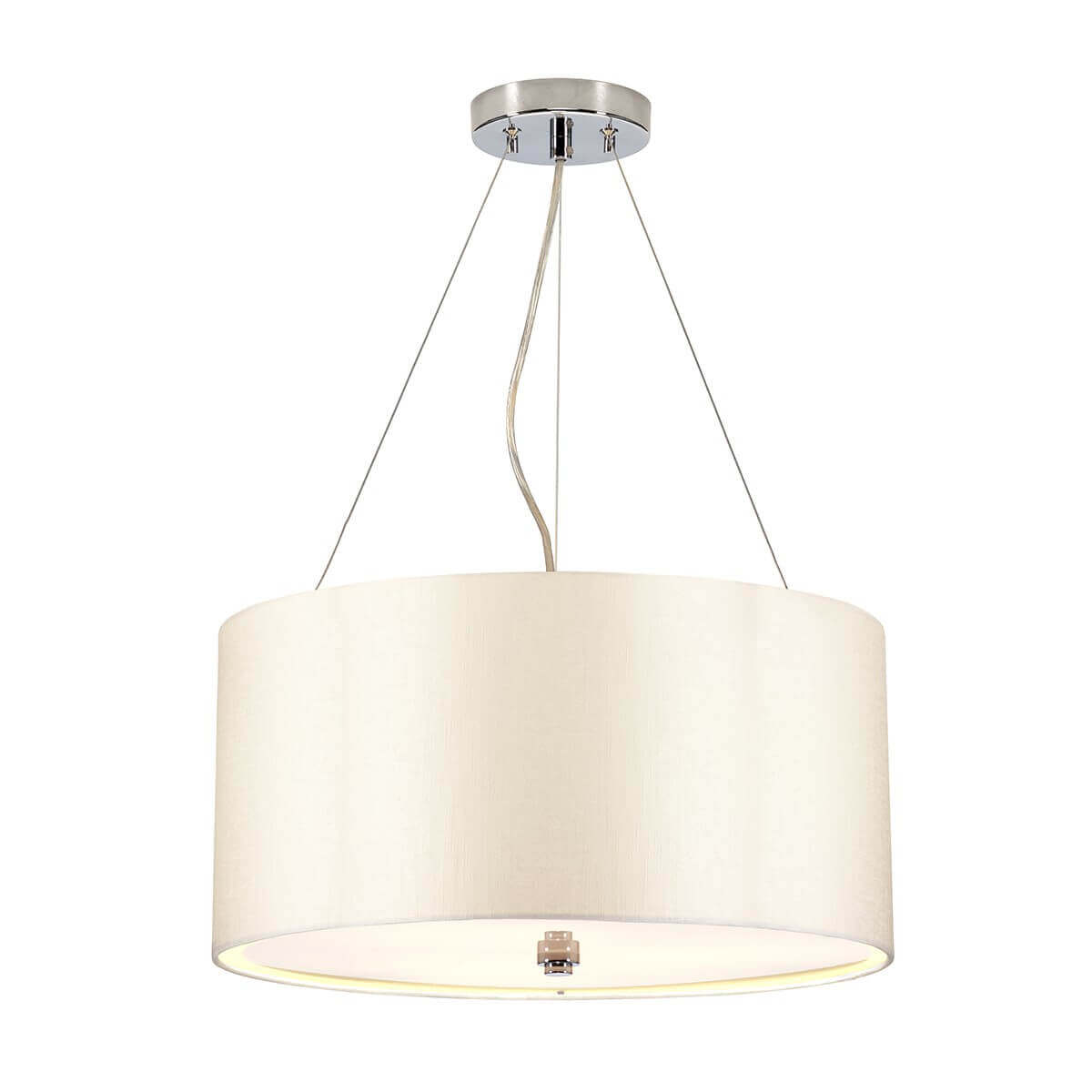 Suspension crème cylindrique avec câbles chromés et rosace, vue de face