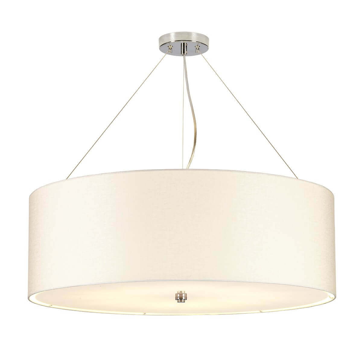 Vue de face de la suspension ronde en tissu crème avec finition chromée