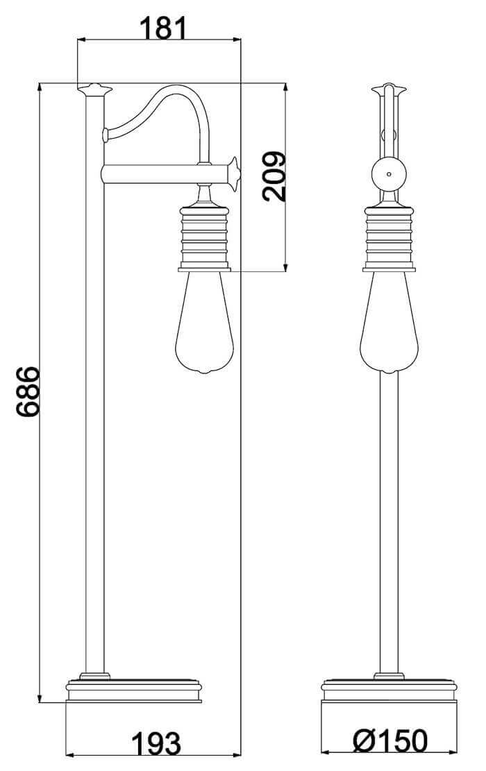 Schéma technique coté de la lampe avec hauteur et largeur