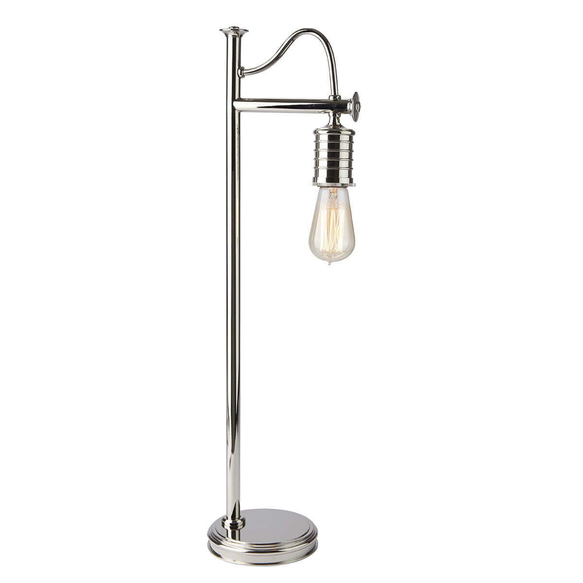 Lampe à poser en nickel poli avec tige verticale et ampoule apparente sans abat-jour.