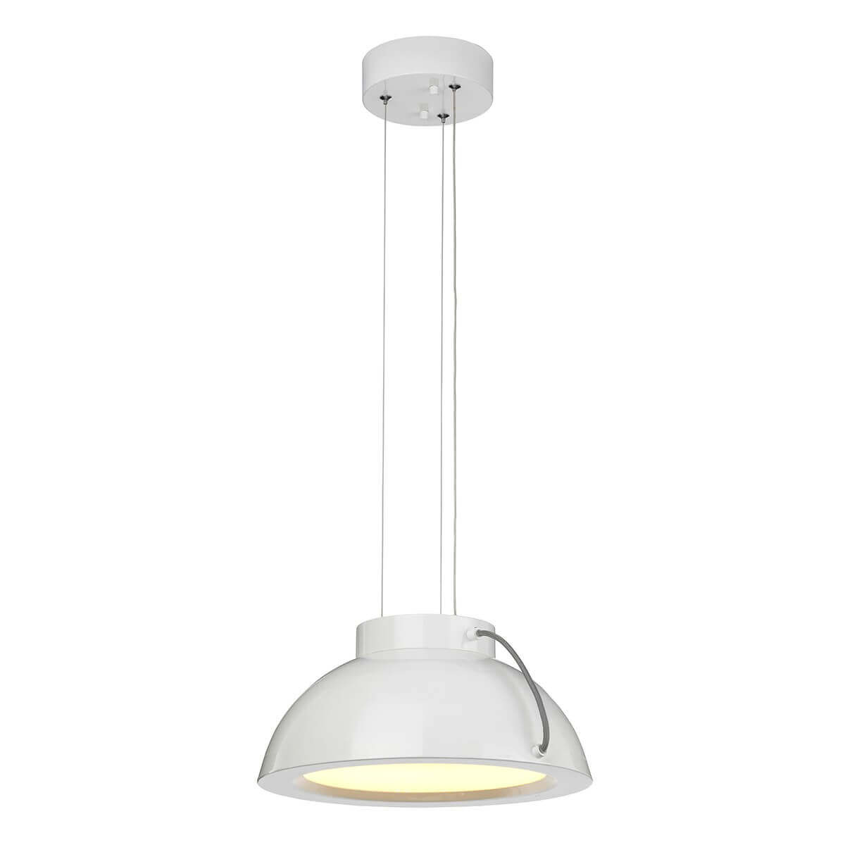 Vue de face du luminaire suspendu blanc avec abat-jour bombé et diffuseur jaune