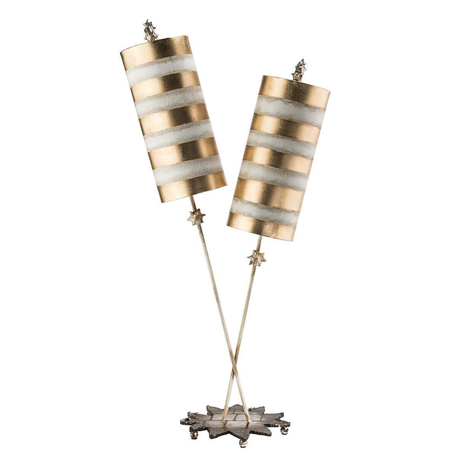 Lampe à poser deux abat-jours cylindriques dorés rayés sur tiges croisées étoilées