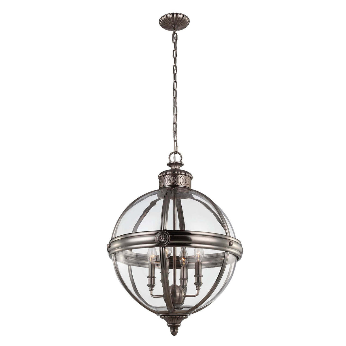 Lustre sphérique en verre transparent et métal nickelé, suspendu par sa chaîne, vue de face