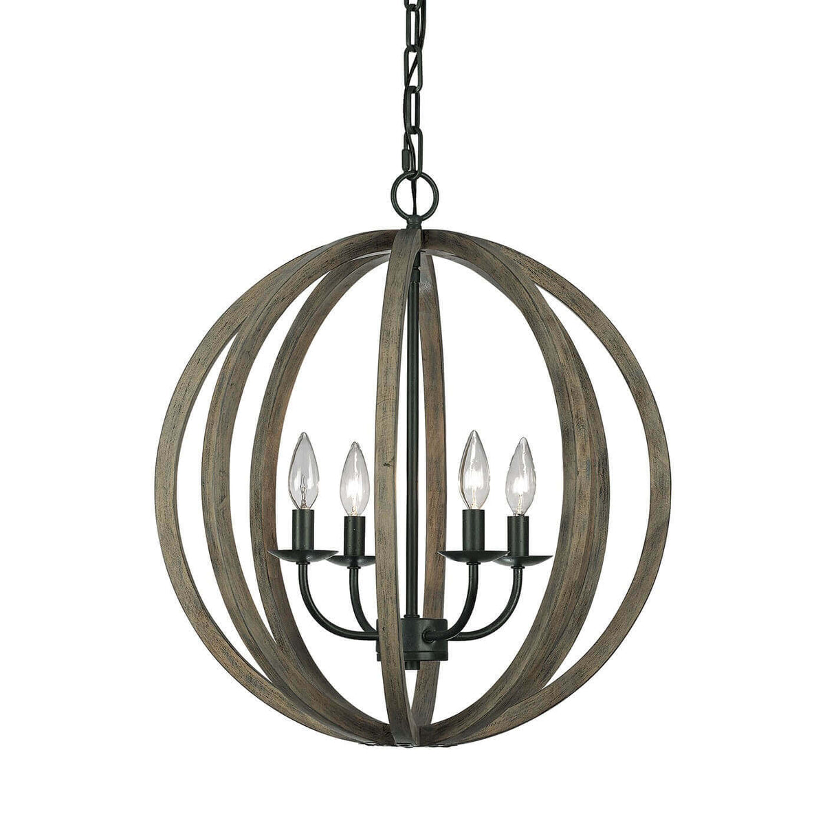 Luminaire sphérique en bois et métal noir avec quatre ampoules bougies sur fond blanc.