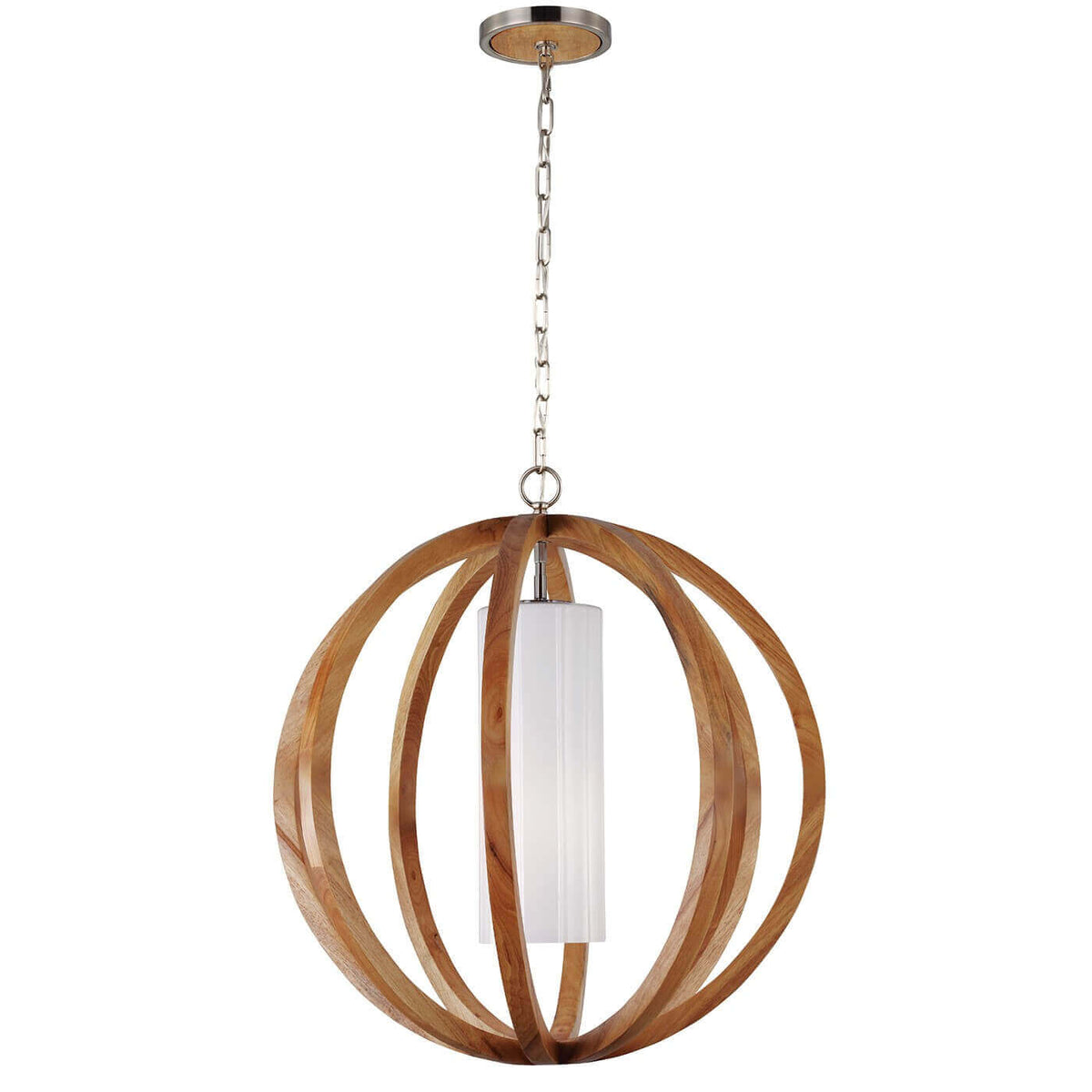 Vue de face du luminaire sur fond blanc, sphère en bois clair et abat-jour cylindrique blanc.