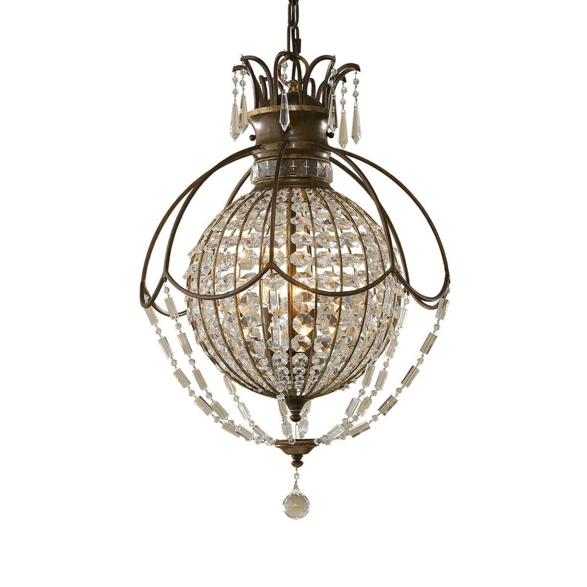 Lustre suspendu vu de face, cage sphérique en bronze ornée de cristaux facettés