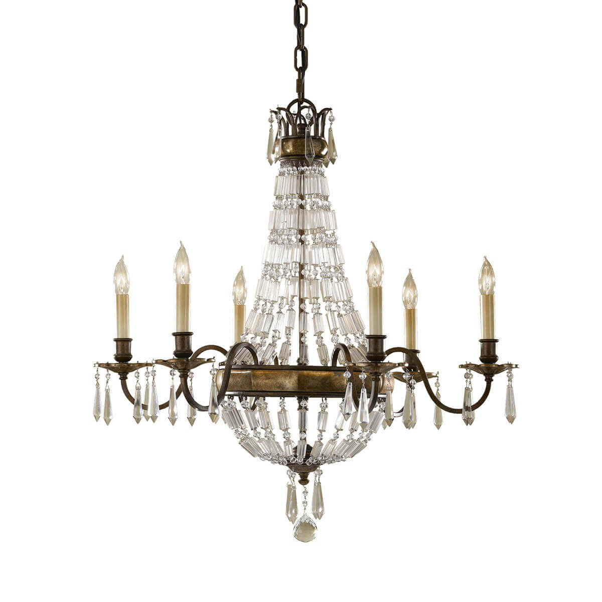 Lustre complet de face sur fond blanc, six bras et cristaux