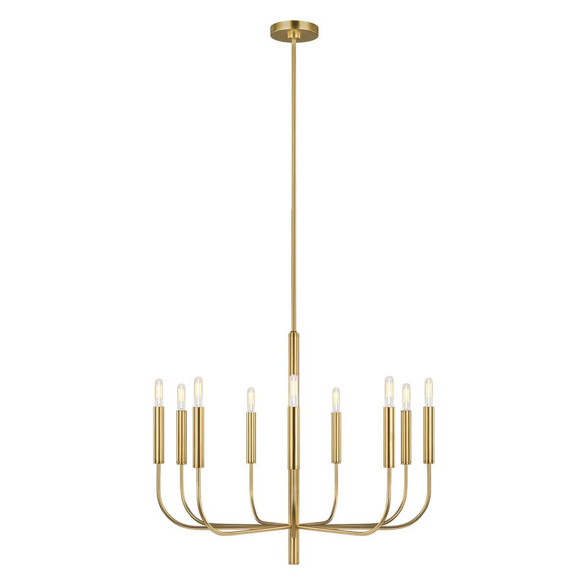 Lustre en laiton avec neuf bras recourbés et ampoules fines, présenté de face sur fond blanc.