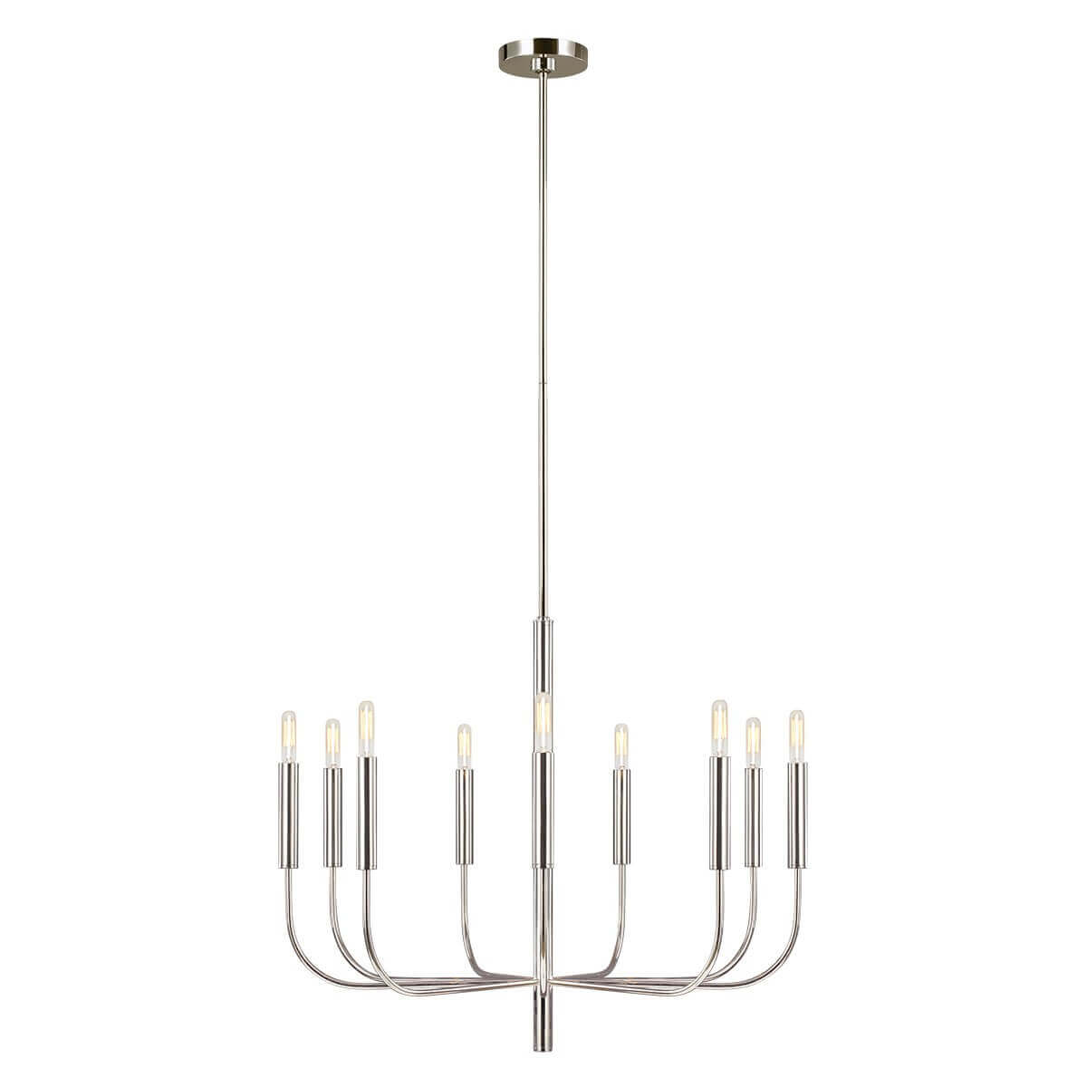 Lustre à neuf lumières vu de face, tige centrale et bras recourbés en nickel poli